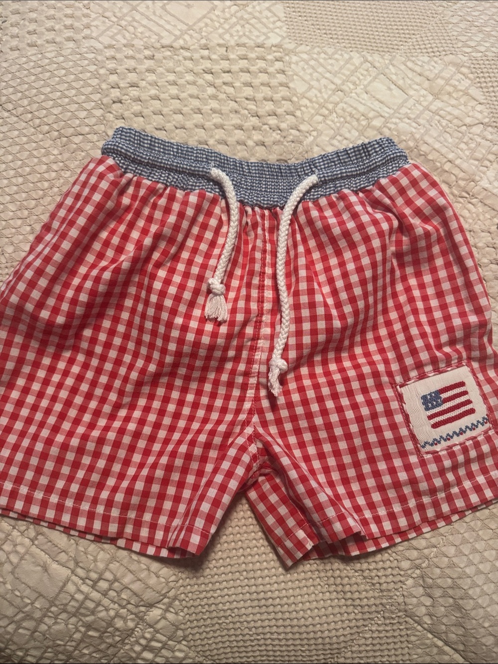 Kids patriotic American flag Gingham swim trunks
